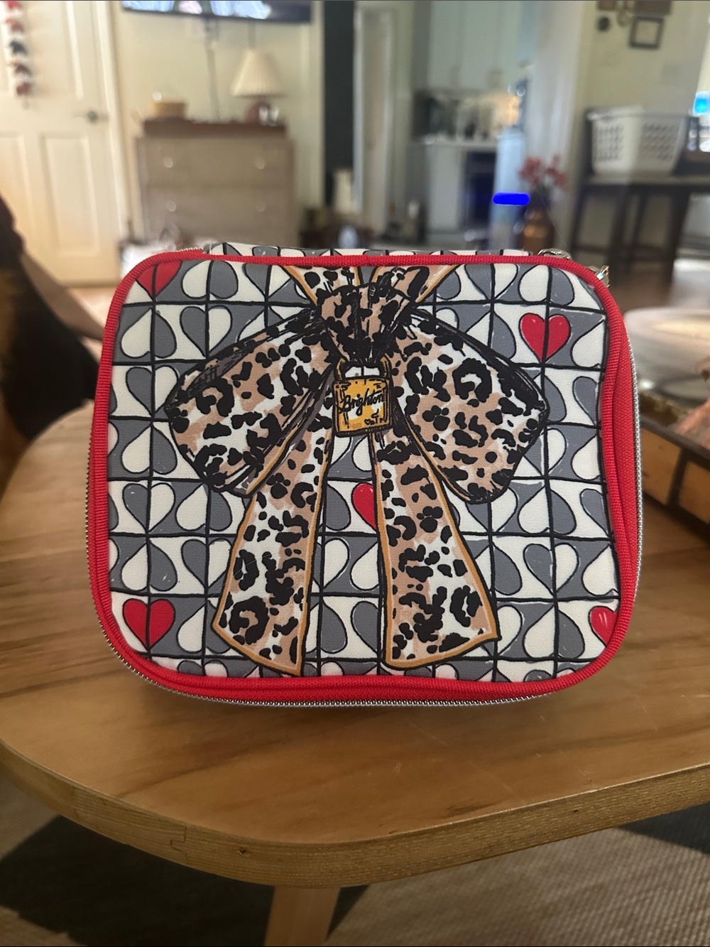 Brighton Red, Black & White Leopard Bow Cat jewery case sectioned zip new